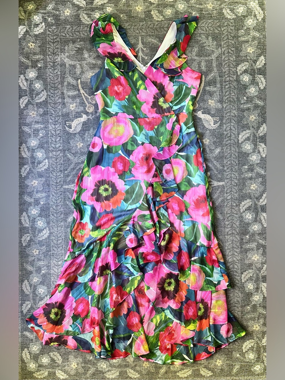 Kensie Floral Ruffle Faux Wrap Midi Dress Vibrant Pink Blue Size 8